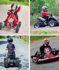 Children riding go-karts and ATVs on city streets and trails, showcasing possible uses for Go Kart Street Mini Bike Tires 145/70-6 4PR.