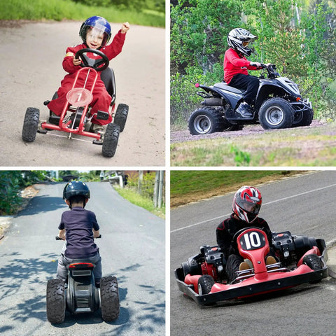 Children riding go-karts and ATVs on city streets and trails, showcasing possible uses for Go Kart Street Mini Bike Tires 145/70-6 4PR.