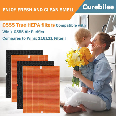 Premium True HEPA Replacement Filter I for C555 Air Purifier, filters and child holding flowers, compatible with Winix C555.