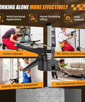 Heavy Duty Workhorse Solid Steel Drywall Lift And Furniture Jack With Extended Lever Arm Handle For Wall Tile Locator And Door Panel Height Adjustment Up To 330 Pound Capacity in use for cabinet installation.
