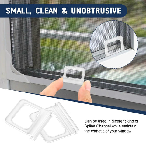 Total Win Window Screen Pull Tabs 30 Pack Universal Replacement Handles Frosted Clear grips on a window screen during installation.