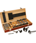 Heavy Duty High Carbon Steel Forstner Bit Set Featuring 24 Pieces For Drilling Precision Flat Bottom Holes In Raw Timber And Lumber Comes Loaded With A Nifty Wooden Storage Crate.