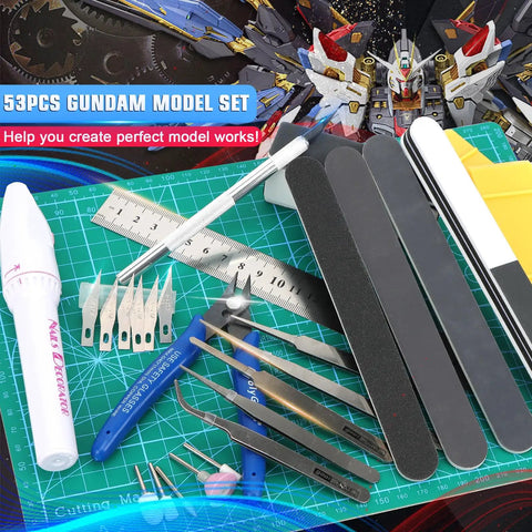 53 Piece Hobby Model Tools Kit for Cutting Sanding Carving and Assembly with ruler, blades, and sanding sticks on green mat.