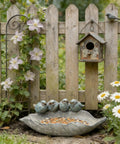Outdoor Bird Feeder And Bath Bowl With Leaf Design In Polyresin Hand Painted Blue Family Of Birds Garden Decor That Pops For Yard Or Balcony Weather Resistant And Easy To Clean.