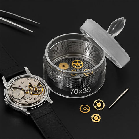 Watch Parts Cleaning Jar With Stainless Steel Mesh Strainer Glass Cleaning Container For Maintenance And Modifications Small Parts Organizer