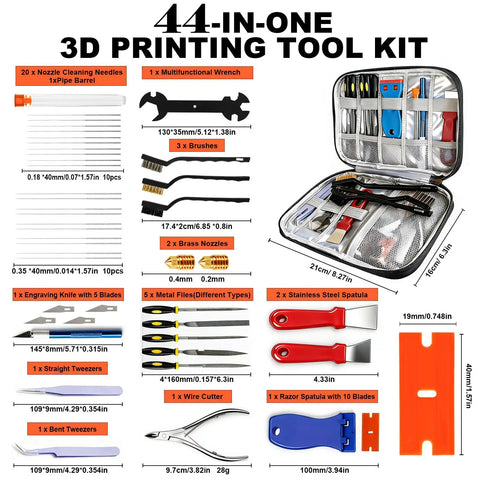 Must-Have 53 Piece 3D Printer Tool Kit With Nozzle Cleaning Needles, Brass Nozzles, Deburring Files, Tweezers, Scraper, Brushes