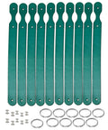 Grab These Straight Up Smooth Vegetable Tanned Leather Keychain Blanks 10 Pack Diy Craft Kit With Solid Rings And Rivets showing 10 teal cowhide blanks with rings and rivets.
