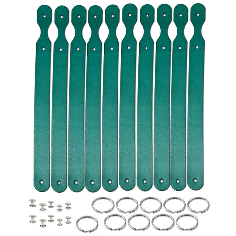 Grab These Straight Up Smooth Vegetable Tanned Leather Keychain Blanks 10 Pack Diy Craft Kit With Solid Rings And Rivets showing 10 teal cowhide blanks with rings and rivets.