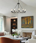 Living room with Homestead 25 Inch Six Light Wagon Wheel Chandelier With Gray Oak Wood Finish And Textured Black Accents
