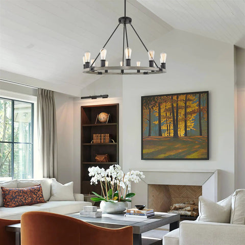Living room with Homestead 25 Inch Six Light Wagon Wheel Chandelier With Gray Oak Wood Finish And Textured Black Accents