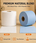 Killer Hella Low Lint Cleanroom Wipe Rolls For PCB Boards And Precision Equipment, blue and white rolls of tough composite blend.