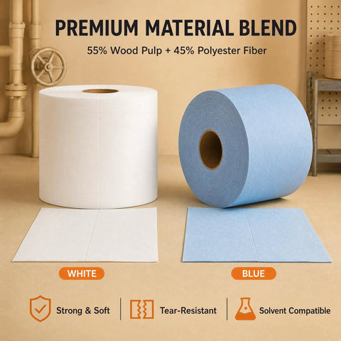 Killer Hella Low Lint Cleanroom Wipe Rolls For PCB Boards And Precision Equipment, blue and white rolls of tough composite blend.