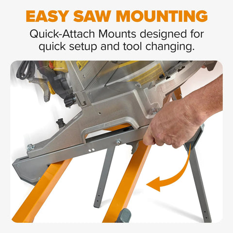 Close-up of Universal Portable Miter Saw Stand 2nd Generation Pro Grade With Quick Release Tool Mount Folding Design And 114 Inches