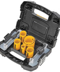 Open DEWALT bi-metal hole saw kit in black case; yellow hole saws and accessories