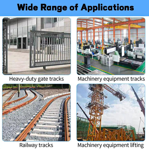 2 Pack 4 Inch Heavy Duty Sliding Gate Rollers With V Groove Track Design in various applications including gate and railway tracks.