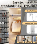 Over The Door Shoe Organizer With 30 Breathable Mesh Pockets hanging on a door with hooks, shown in gray.