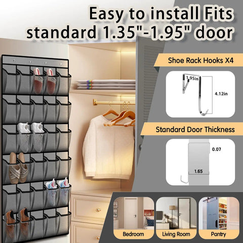 Over The Door Shoe Organizer With 30 Breathable Mesh Pockets hanging on a door with hooks, shown in gray.