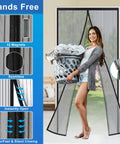 Woman walking through Reinforced Magnetic Screen Door 39x82 Inches Heavy Duty Hands Free Full Frame With Hook And Loop Strips, Black.