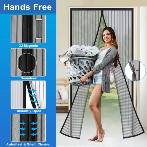 Woman walking through Reinforced Magnetic Screen Door 39x82 Inches Heavy Duty Hands Free Full Frame With Hook And Loop Strips, Black.