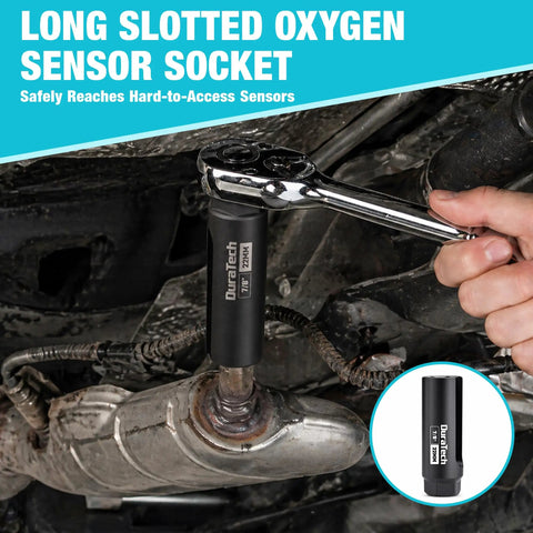 Long slotted oxygen sensor socket in use on vehicle exhaust system.