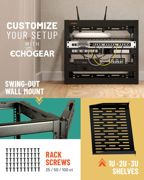 Heavy Duty 10U Open Frame Server Rack Packing Badass Airflow And A No Sweat Diy Build, Comes With Dual Vented Shelves And Every Rack Screw Your Rig Demands For Sweet Networking Gear, side view with mounted devices.