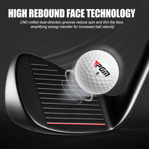7 Iron Golf Club For Men Right Handed With Graphite Shaft, Forgiving Cavity Back Iron, close-up of club head with golf ball.