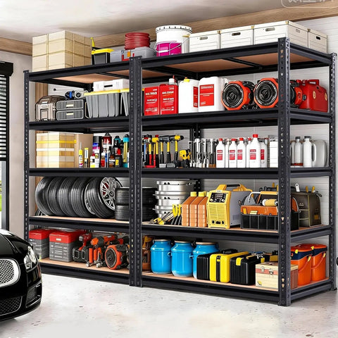 Beefy 5-Tier Heavy Duty Garage Shelving Unit, Adjustable Storage Racks, Supports Up To 2400 Lbs Total, 480 Lbs Per Shelf, Industrial Steel Shelves For Garage, Workshop, And Warehouse, 28 X 12 X 60 Inches loaded with tools and bins