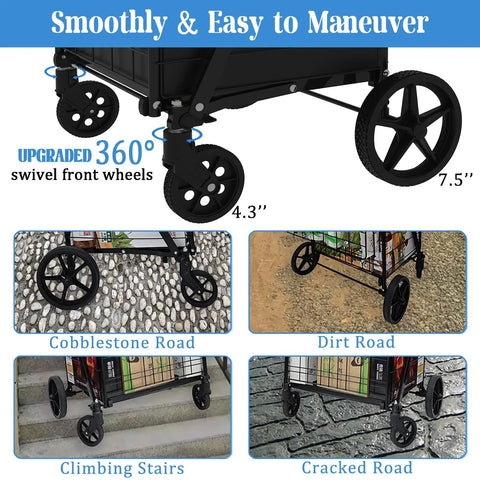 Heavy Duty Folding Grocery Cart With Jumbo Capacity And Waterproof Bag 360 Degree Swivel Wheels on different terrains