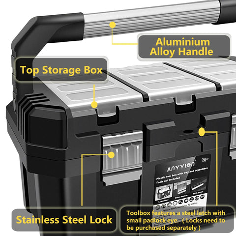 Close-up of black toolbox with aluminum handle, top storage box, and stainless steel lock. Durable 14 Inch Tool Box With Removable Tray.