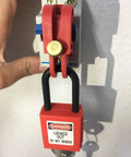 Legit Heavy Duty Universal Circuit Breaker Lockout Three Pack With Padlock Shackle, securing breaker panel with red padlock.