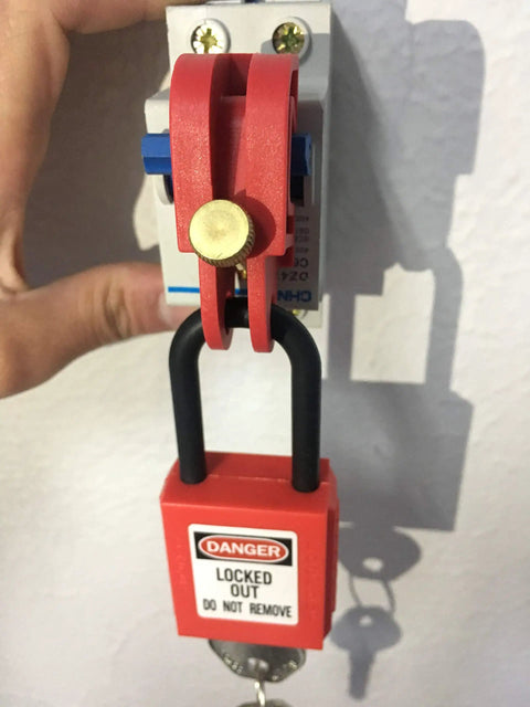 Legit Heavy Duty Universal Circuit Breaker Lockout Three Pack With Padlock Shackle, securing breaker panel with red padlock.
