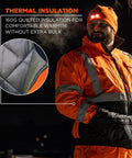 Man wearing Hi Vis Class 3 Bomber Jacket Quilted Orange XX Large US Weatherproof Wind and Water Resistant With 160g Insulation