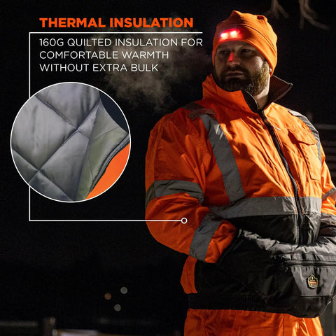 Man wearing Hi Vis Class 3 Bomber Jacket Quilted Orange XX Large US Weatherproof Wind and Water Resistant With 160g Insulation