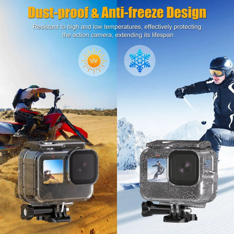 Waterproof Housing For GoPro Hero 13 12 11 10 9 Black Ultra Rugged IP68 Case shown in desert and snow environments