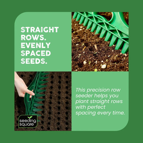 Row Seeder Handheld Garden Tool for precise seed and seedling spacing in rows and trays; green tool creating holes in soil