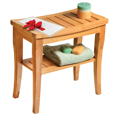Dope Bamboo Shower Bench Spa Stool With 2 Tier Wood Seat And Storage Shelf, Non Slip Feet, Foot Rest Shaving Stool, Multipurpose Organizer