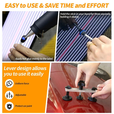 Pro DIY PDR Dent Repair Kit With 148 Pieces Dent Puller And LED Light Board in use demonstrating easy car dent removal.
