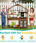Outdoor Mud Kitchen For Kids With Canopy Wooden Pretend Play Kitchen Chalkboard Four Stoves Removable Sink Pots