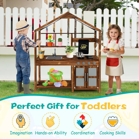 Outdoor Mud Kitchen For Kids With Canopy Wooden Pretend Play Kitchen Chalkboard Four Stoves Removable Sink Pots