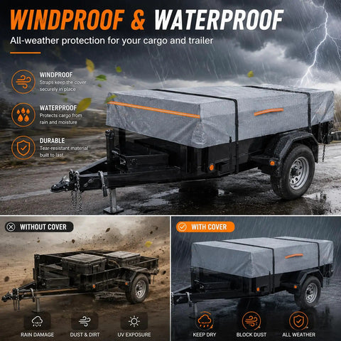Rock Hard 5X8 Utility Trailer Cover Built Tough With Heavy Duty 420D Waterproof Polyester Cargo Tarp Windproof Weather Shield For Single Tandem Axle Trailers