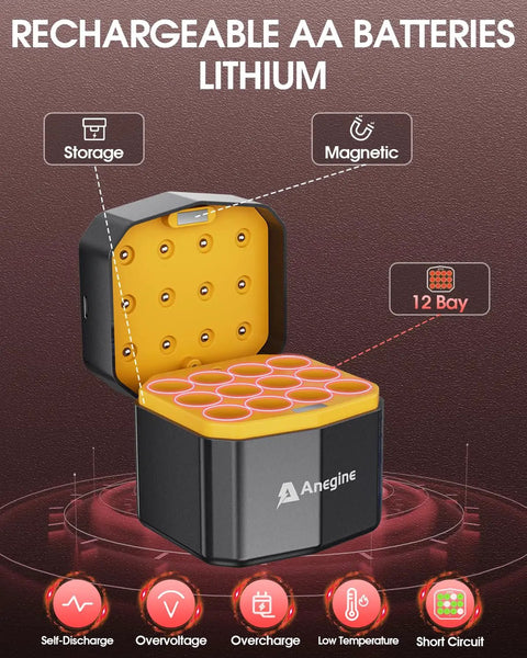 Rechargeable AA Lithium Batteries With 12 Slot Charger, 12 Pack 3600mWh Li Ion AAs, 1.5V shown open with 12 slots