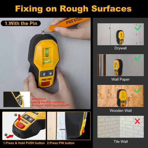 2-In-1 Rechargeable Cross Line Laser Level With Magnetic Stud Finder showing use on drywall and wooden surfaces