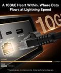 Close-up of Mad Ports Thunderbolt 5 FusionDock Ultra For Mac Laptop with 10GbE Ethernet port showing speed indicators.