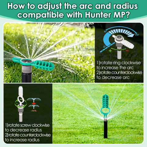 Instructions for adjusting arc and radius on Hunter MP sprinkler head with compatibility wrenches.