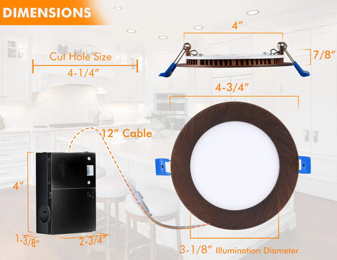 Product dimensions of Ultra Thin 4 Inch LED Recessed Downlight Canless With Junction Box, Dimmable 10W, in kitchen setting