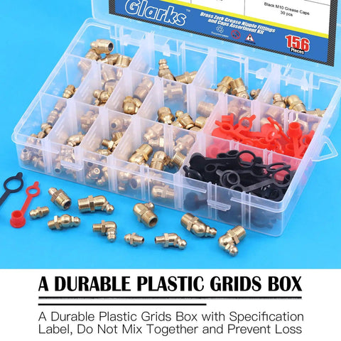 156 Piece Metric And SAE Hydraulic Grease Fittings Kit With Brass Zerk Nipples in plastic case