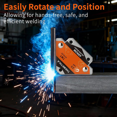 Front view of magnetic welding holder on steel beam; orange and silver, 25 lb holding capacity.