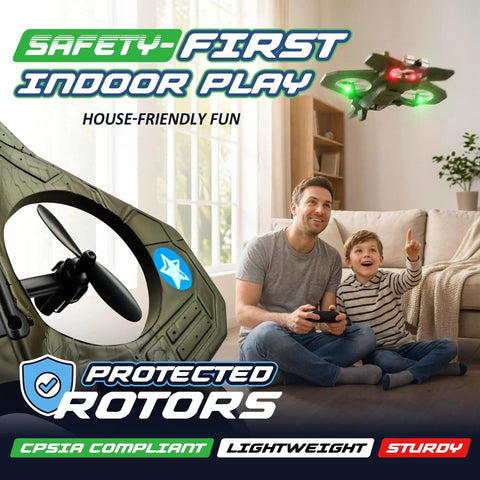 Parent and child enjoying Dope RC Stunt Plane For Kids And Adults With 3x Battery Life, LED Jet Fighter, indoor remote control use.