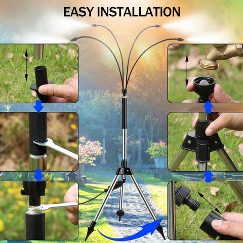 Standing Misters For Outdoor Cooling On The Go Adjustable Four Point One Foot Misting System With Four Spray Heads And Twenty Six Point Two Foot Hose installation