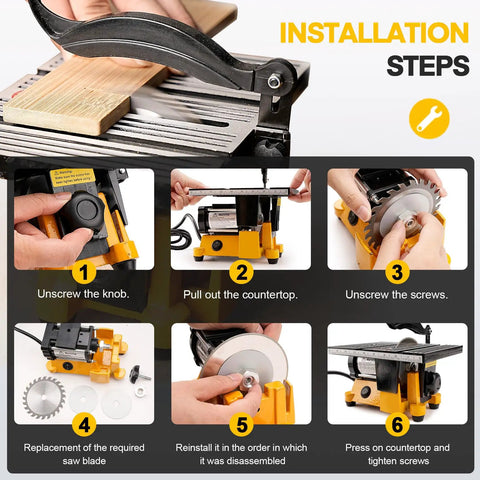 Installation steps of Compact Mini Table Saw With Three Blades 90W Desktop Miter Saw showing each assembly stage.